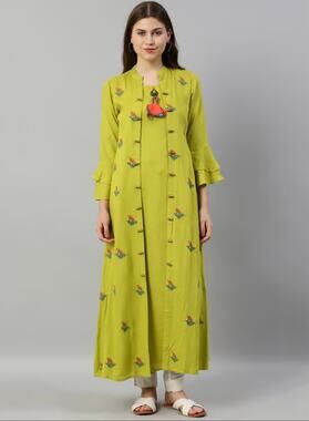 Neerus Green Embroidered A Line Kurta w/ Jacket Maxi Bell Sleeve Womens XXL 2XL